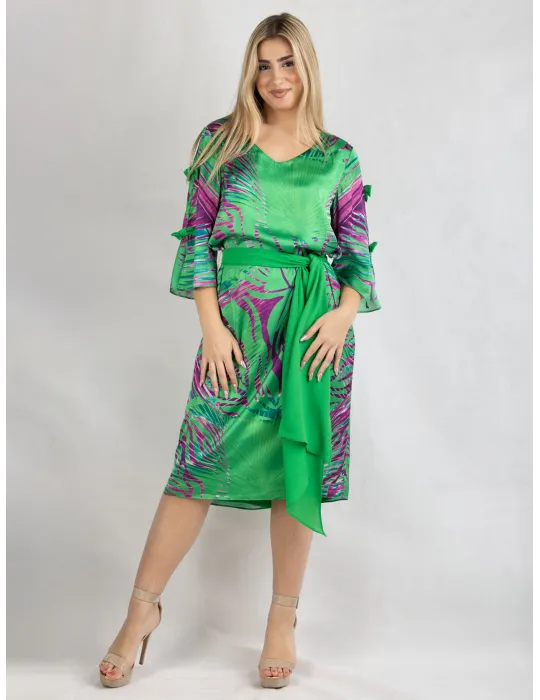 Abito tunica elegante in raso verde | Evassè taglie fino alla 60