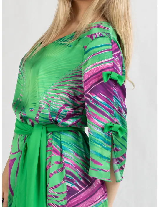 Evassè Plus size Green and fuchsia silk printed tunic formal dress