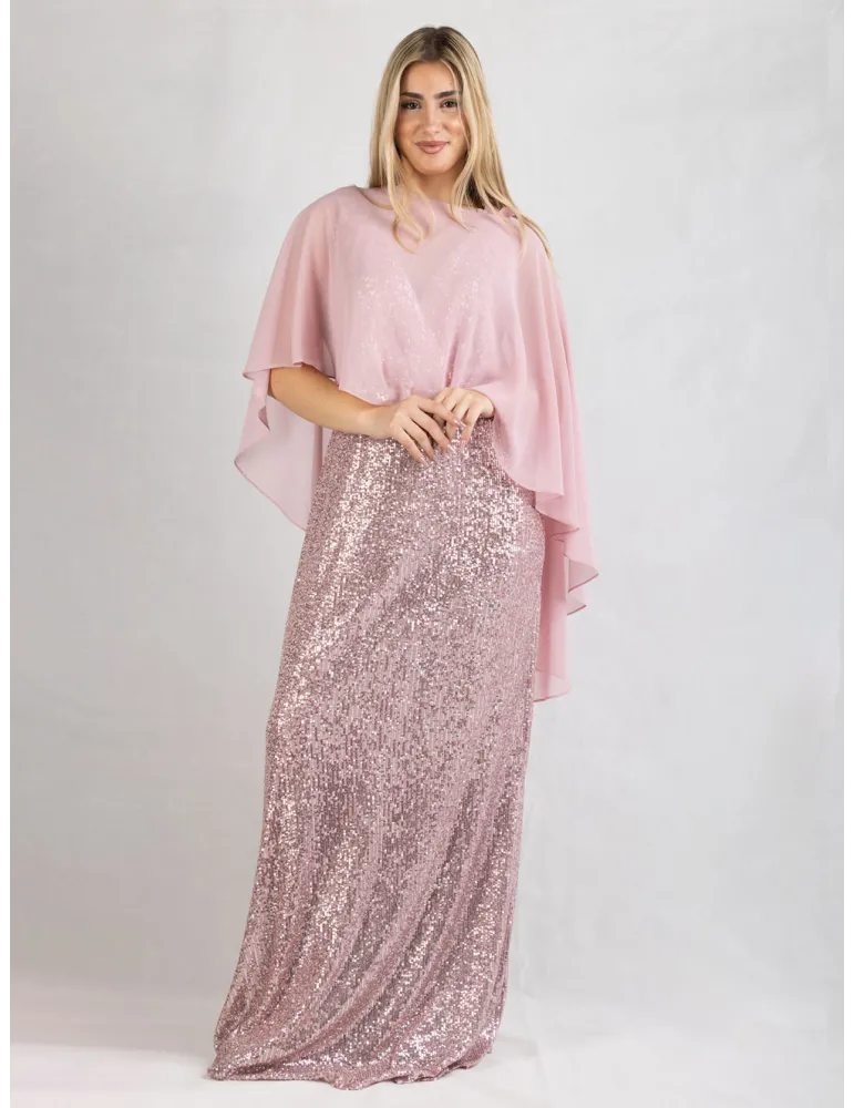 Evassè Pink long sequin dress with a silk poncho