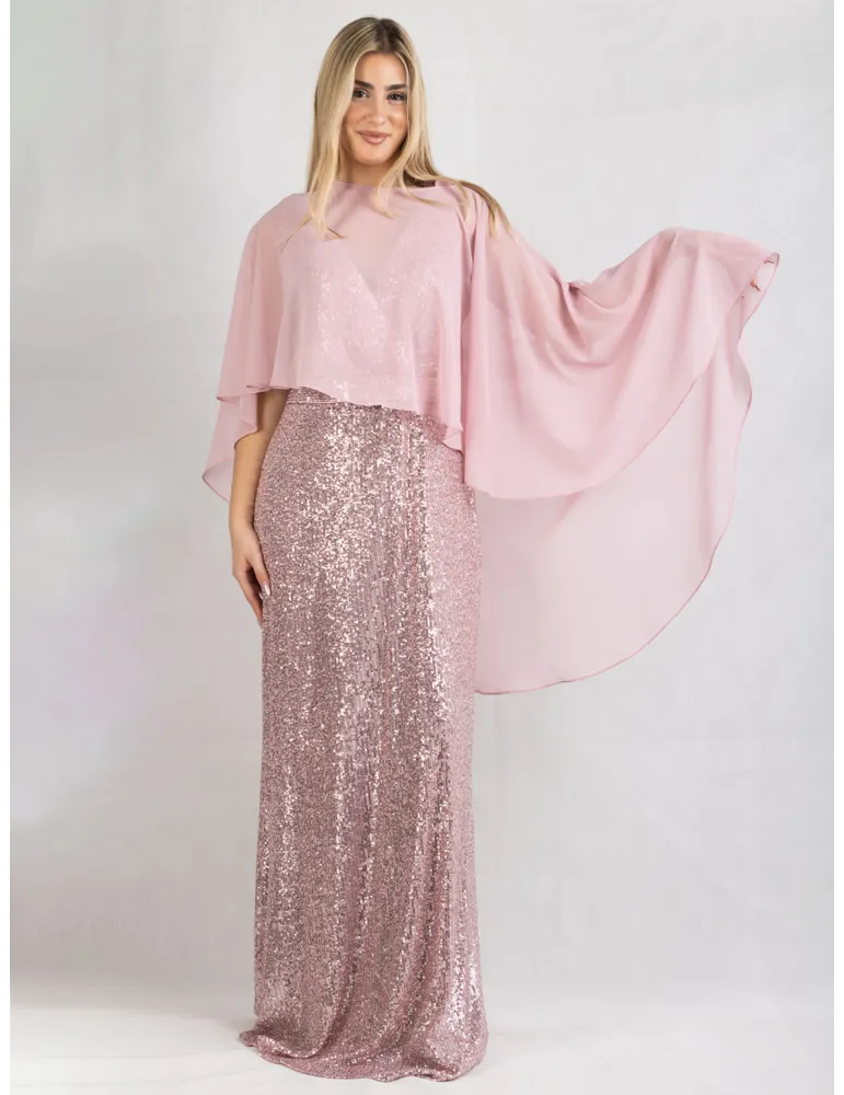 Abito lungo di paillettes rosa con poncho fino tag. 60 | Evassè 2025 Abito lungo di paillettes rosa con poncho fino tag. 60 | Evassè 2025