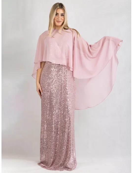 Abito lungo di paillettes rosa con poncho fino tag. 60 | Evassè 2025 Abito lungo di paillettes rosa con poncho fino tag. 60 | Evassè 2025
