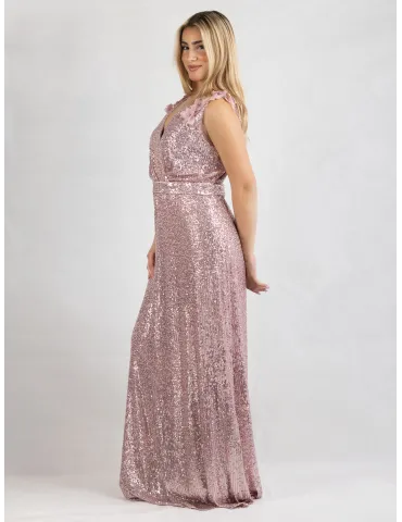 Plus size Dazzling Pink long sequin dress with a silk poncho by Evassè 2