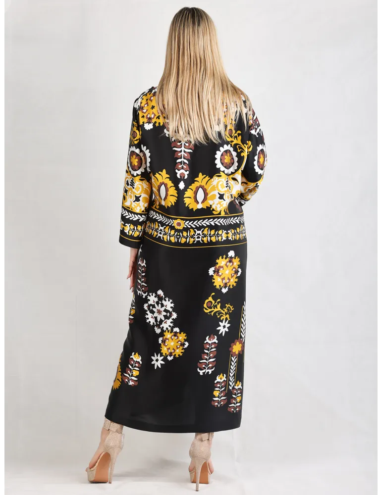 Piero Moretti Plus size | Black yellow printed silk tunic midi dress