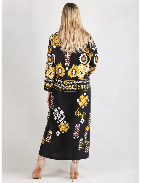Piero Moretti Plus size | Black yellow printed silk tunic midi dress