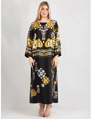 Piero Moretti Black yellow printed all silk tunic midi dress