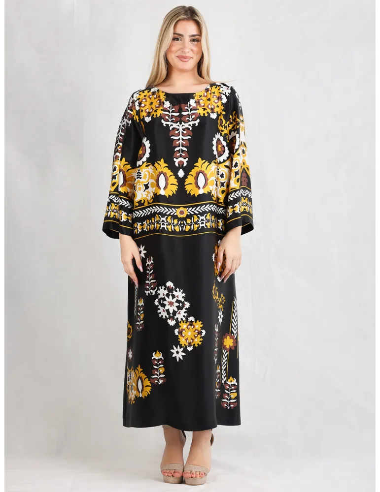 Piero Moretti Plus size | Black yellow printed silk tunic midi dress Piero Moretti Plus size | Black yellow printed silk tunic midi dress