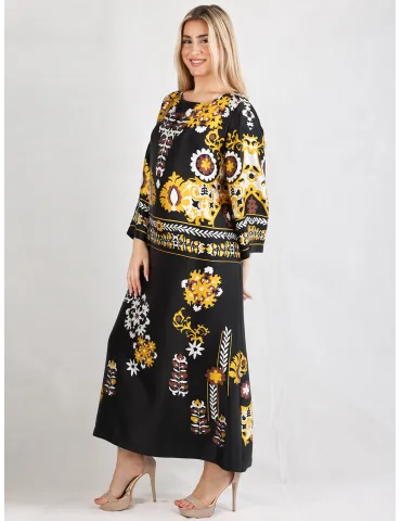 Piero Moretti Black yellow printed all silk tunic midi dress 2