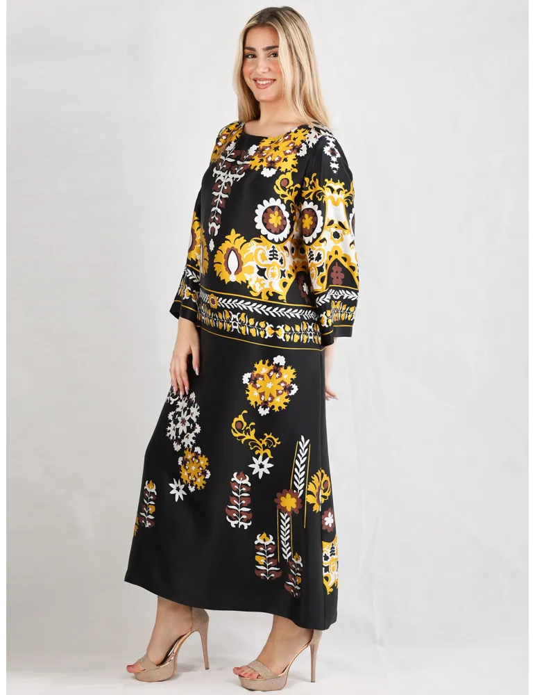 Piero Moretti Plus size | Black yellow printed silk tunic midi dress