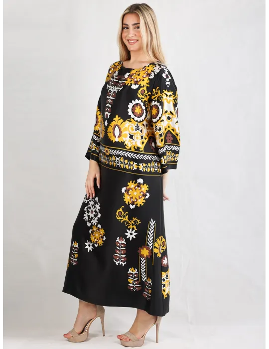 Piero Moretti Plus size | Black yellow printed silk tunic midi dress
