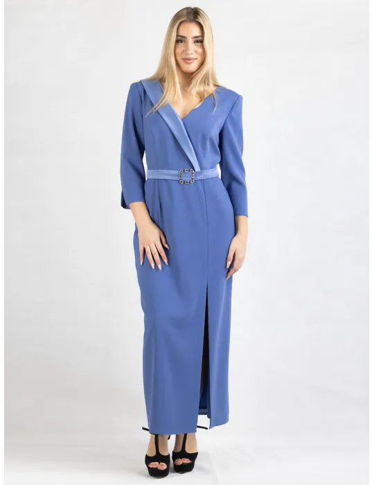 Sonia Pena light blue silk sheath formal dress with side split