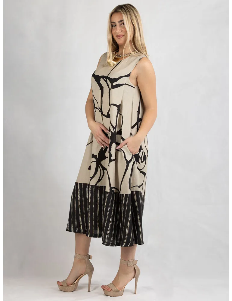 Frida Made Italy | Linen and silk beige black midi trapeze sundress