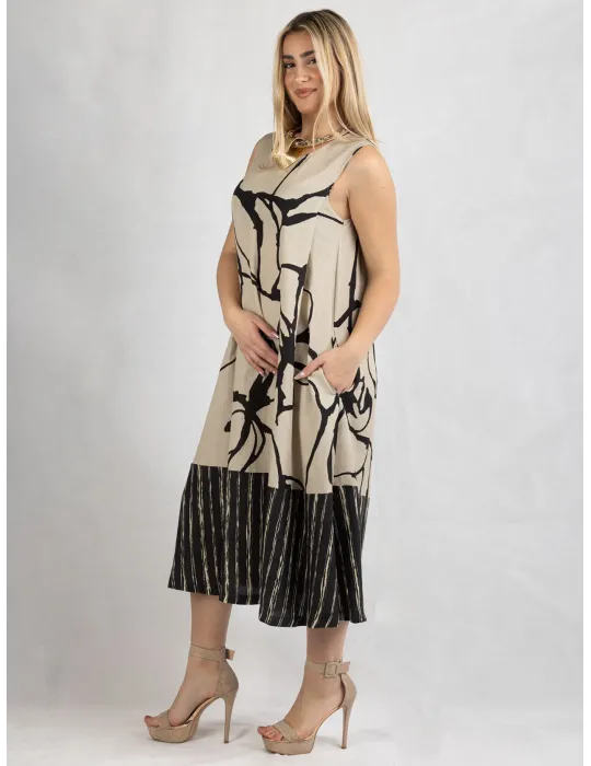 Frida Made Linen and silk beige black midi trapeze sundress