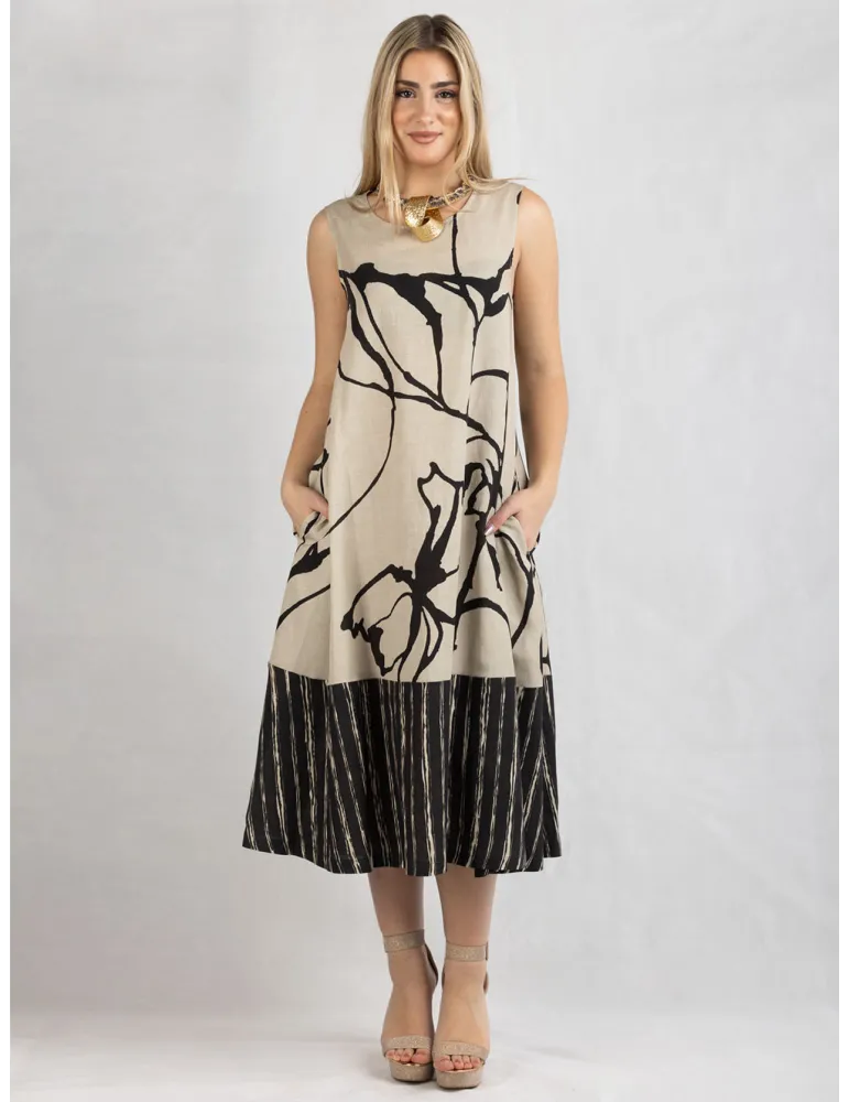 Frida Made Linen and silk beige black midi trapeze sundress