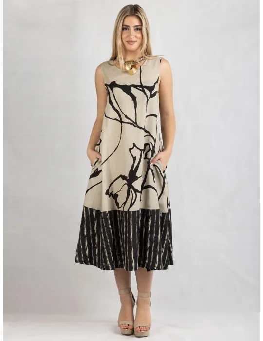Frida Made Linen and silk beige black midi trapeze sundress Frida Made Linen and silk beige black midi trapeze sundress