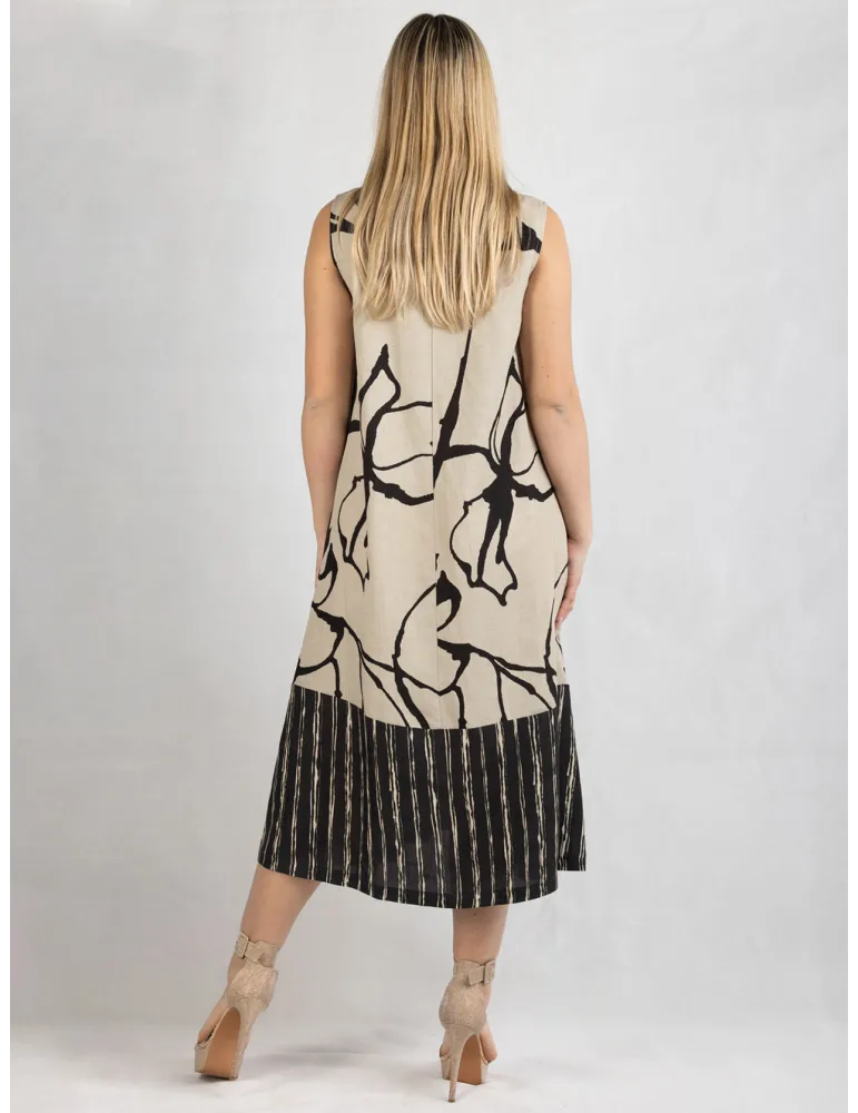 Frida Made Linen and silk beige black midi trapeze sundress
