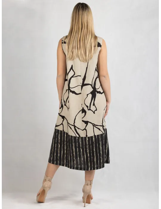 Frida Made Linen and silk beige black midi trapeze sundress
