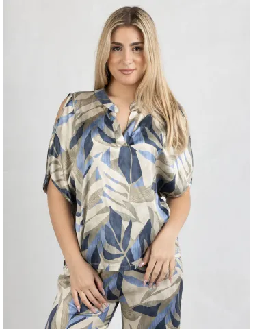 Camicia etnica raso di seta foglie beige e blu Frida Madè taglie comode