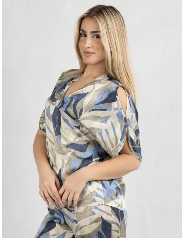 Frida Madè blue and beige silk caftan shirt leaves print 2