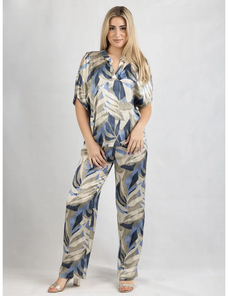 Frida Madè blue and beige silk trousers leaves print