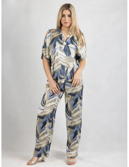 Frida Madè blue and beige silk trousers leaves print