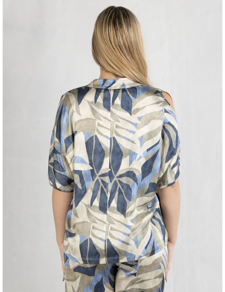 Camicia etnica raso di seta foglie beige e blu Frida Madè taglie comode