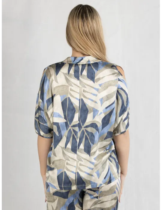 Frida Madè blue and beige silk caftan shirt leaves print