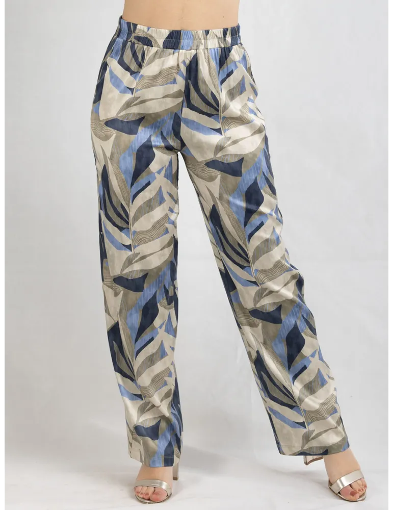 Frida Madè blue and beige silk trousers leaves print Frida Madè blue and beige silk trousers leaves print