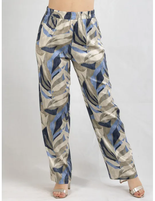 Frida Madè blue and beige silk trousers leaves print Frida Madè blue and beige silk trousers leaves print