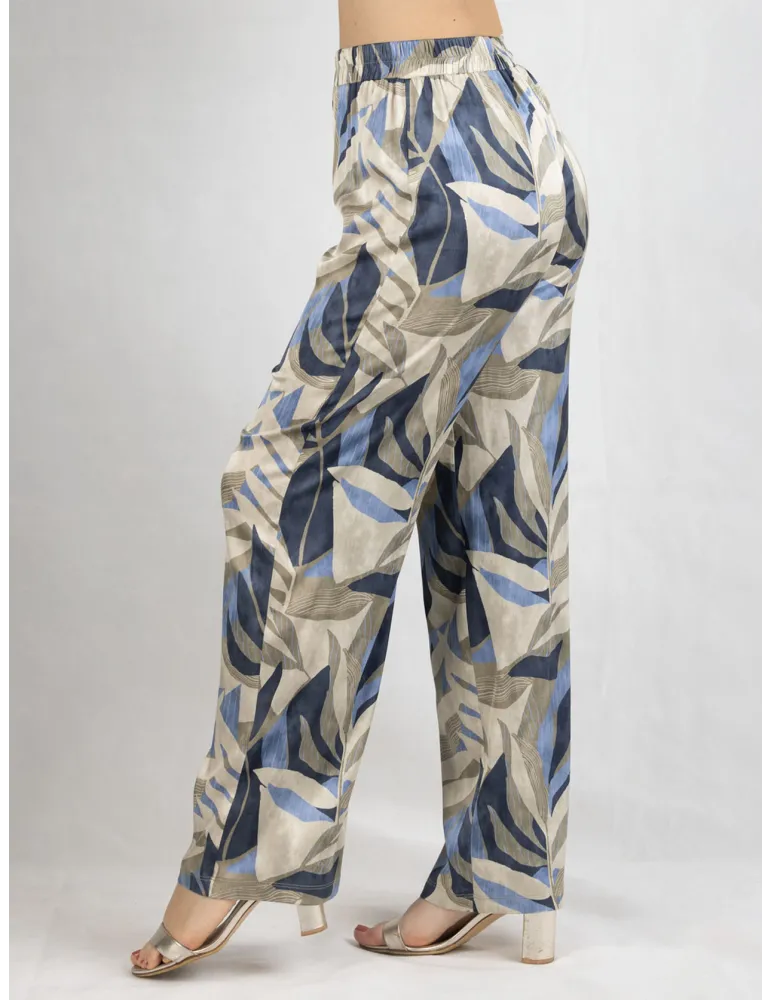 Frida Madè blue and beige silk trousers leaves print