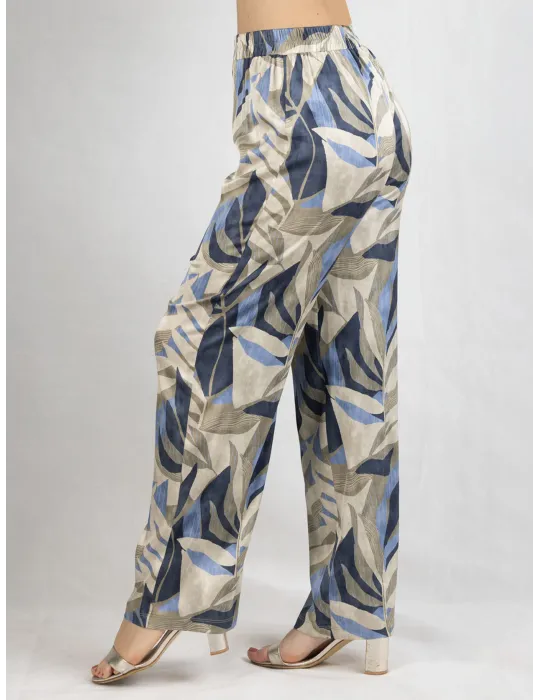 Frida Madè blue and beige silk trousers leaves print