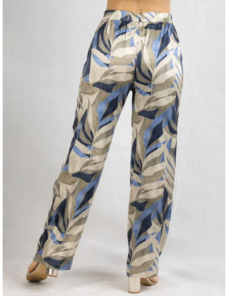 Frida Madè blue and beige silk trousers leaves print