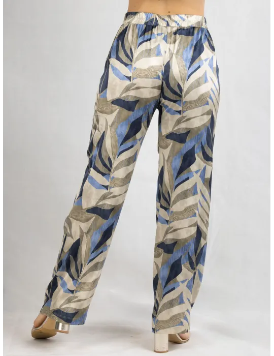 Frida Madè blue and beige silk trousers leaves print