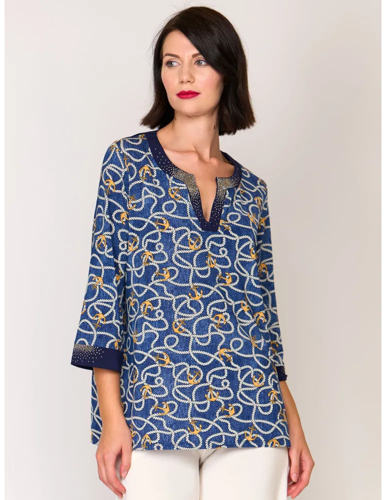 Mercuriali Blue silk caftan shirt nautical print crystal accents Mercuriali Blue silk caftan shirt nautical print crystal accents