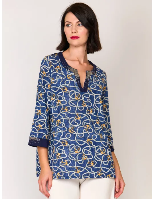 Mercuriali Blue silk caftan shirt nautical print crystal accents Mercuriali Blue silk caftan shirt nautical print crystal accents