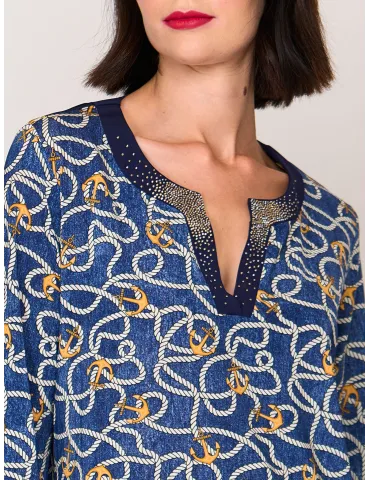 Mercuriali Blue silk caftan shirt nautical print crystal accents 2