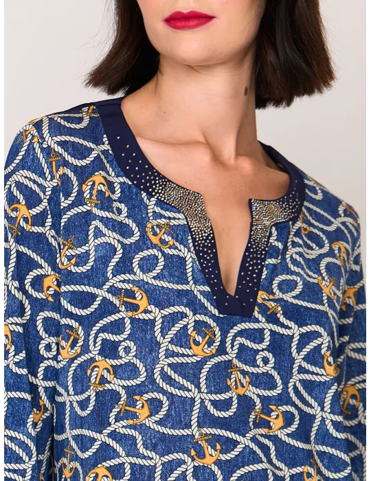 Mercuriali Blue silk caftan shirt nautical print crystal accents
