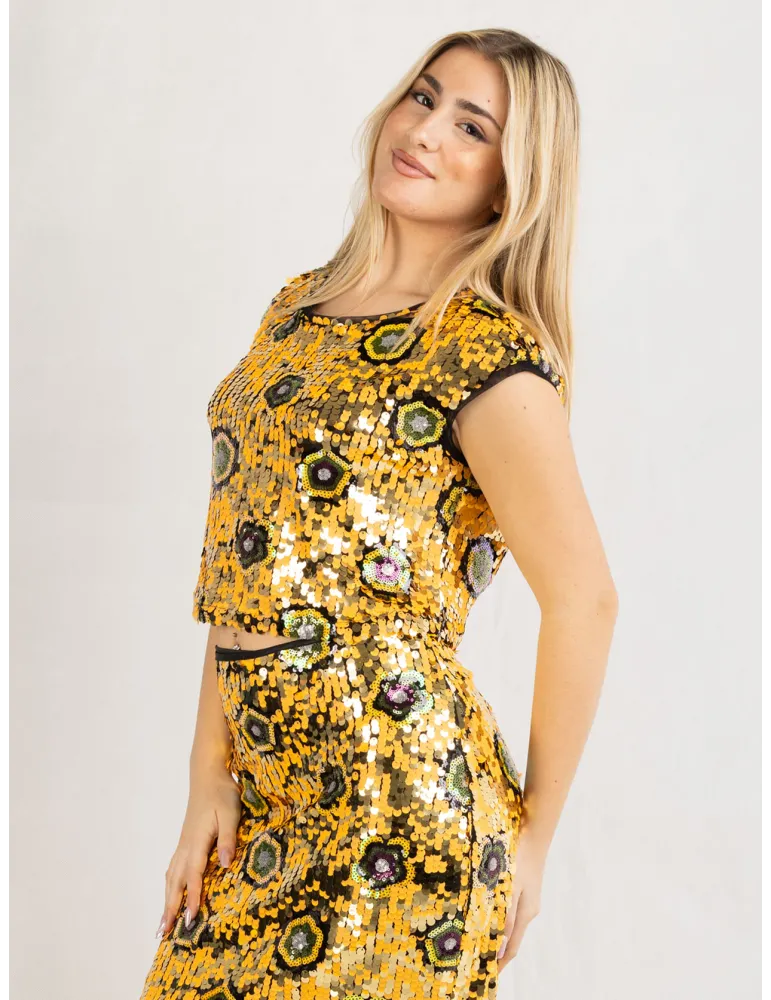 Casting yellow and golden sequins sunflowers tank top