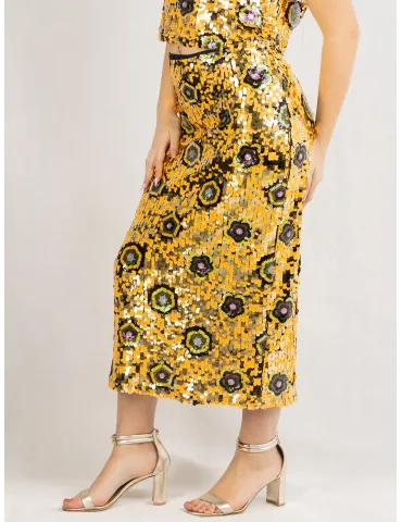 Golden and black sunflower sequins midi hugging skirt 2