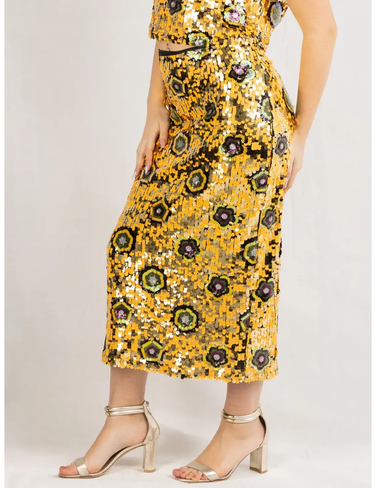 Golden and black sunflower sequins midi hugging skirt