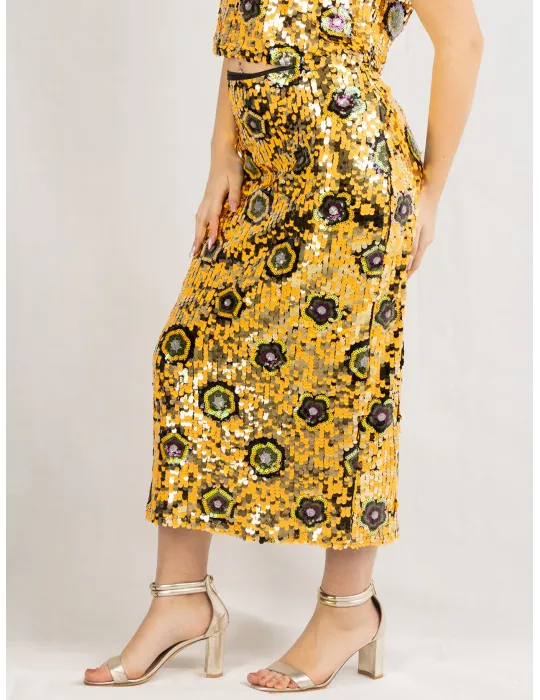 Golden and black sunflower sequins midi hugging skirt