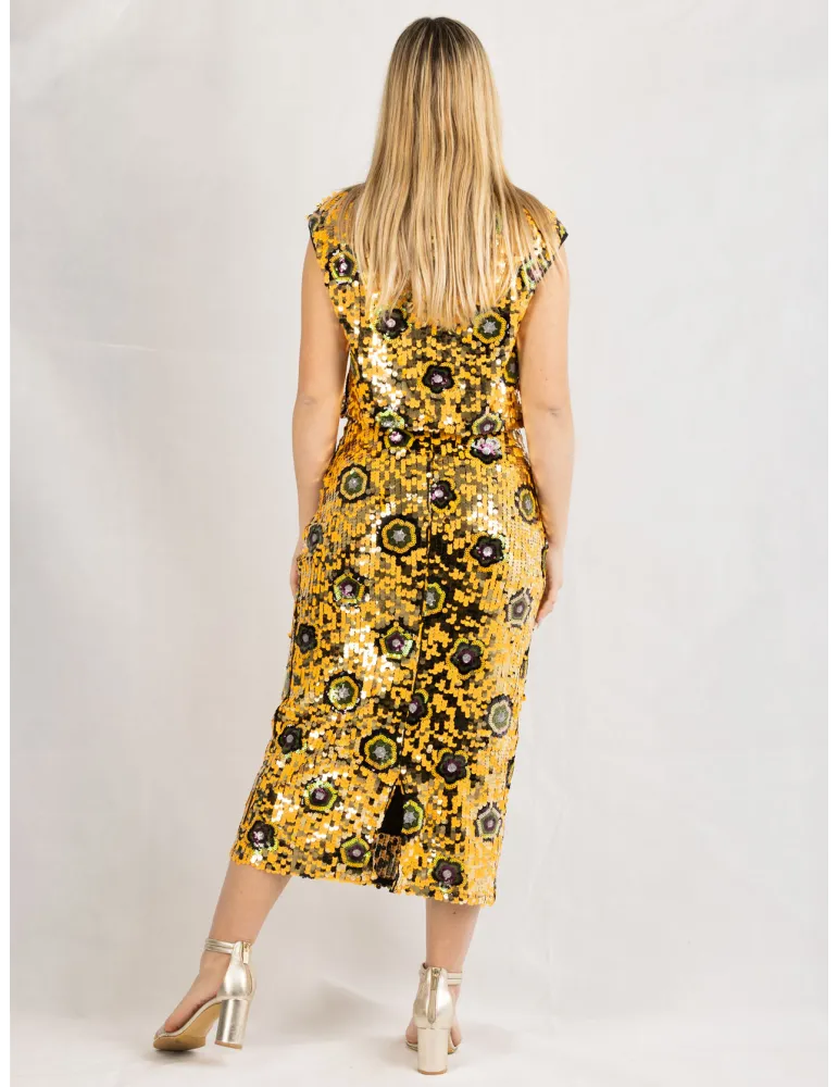 Golden and black sunflower sequins midi hugging skirt