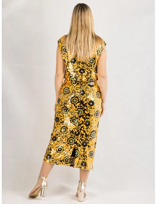 Golden and black sunflower sequins midi hugging skirt