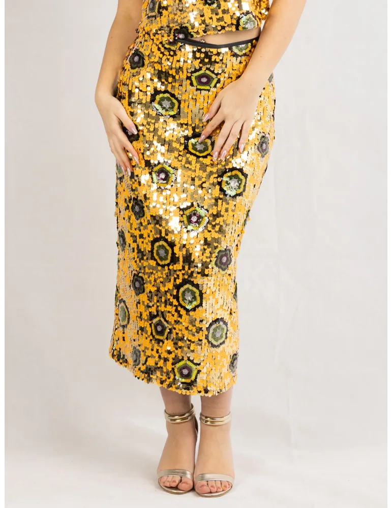 Golden and black sunflower sequins midi hugging skirt Golden and black sunflower sequins midi hugging skirt
