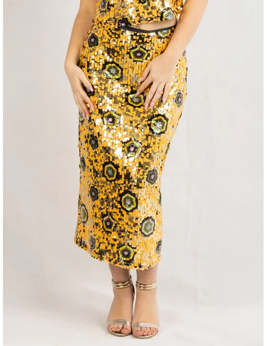 Golden and black sunflower sequins midi hugging skirt Golden and black sunflower sequins midi hugging skirt