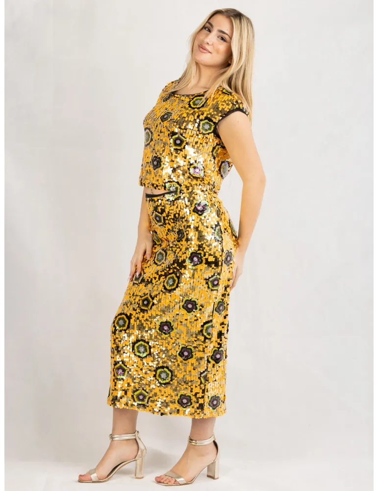 Casting yellow and golden sequins sunflowers tank top