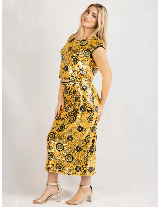 Casting yellow and golden sequins sunflowers tank top