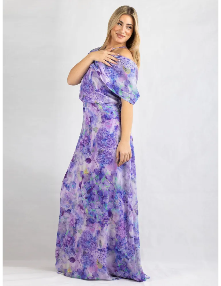 Casting lilac purple floral silk large formal dress