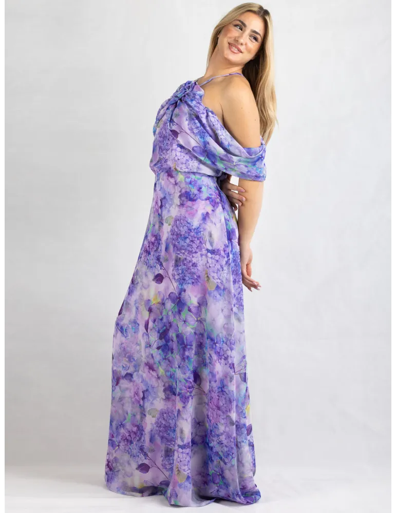 Casting lilac purple floral silk large formal dress