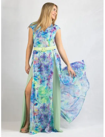 Long cross-over dress with two slits and lilac flower pattern 2