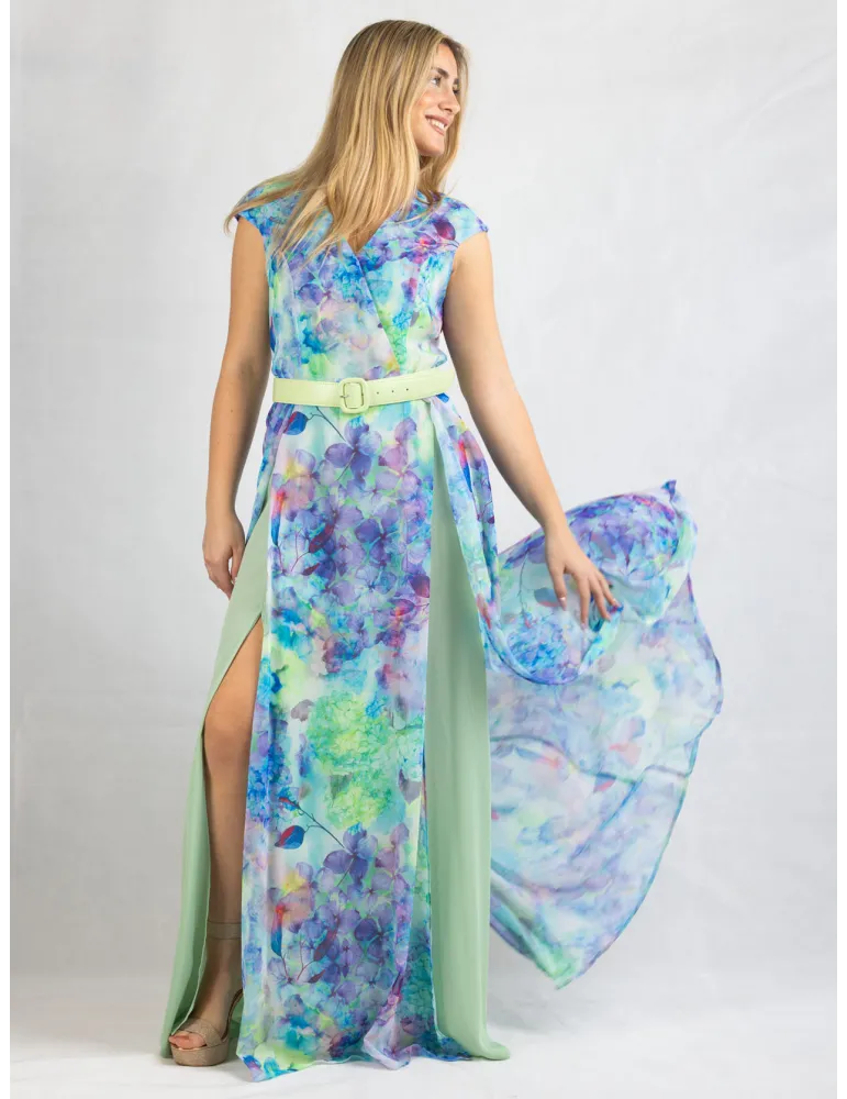 Long cross-over dress with two slits and lilac flower pattern